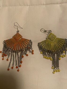 Boho Beaded Fringe Fan Earrings in Orange and Yellow